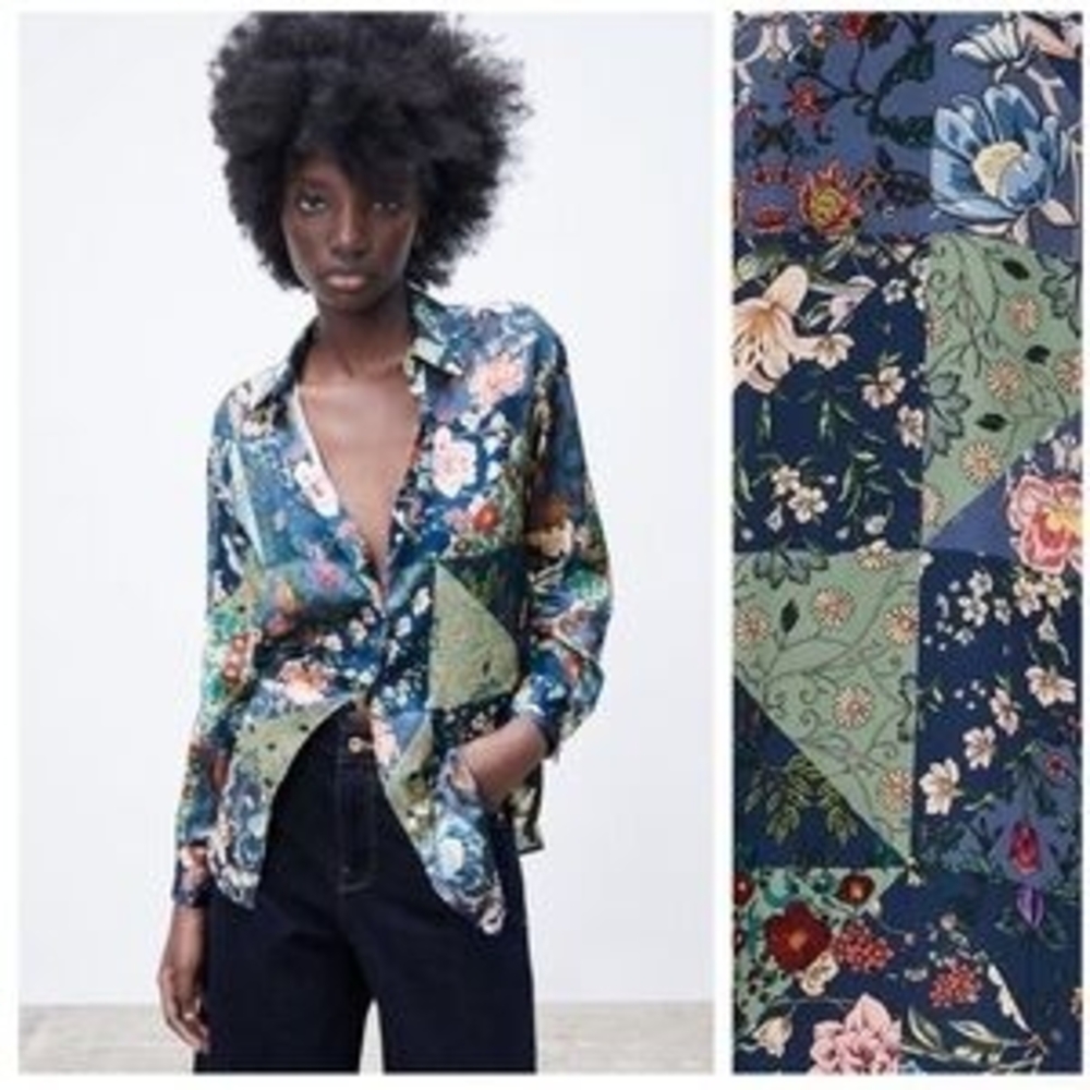 Zara NWT Floral Patchwork Blouse - Blue and Green Size XXL